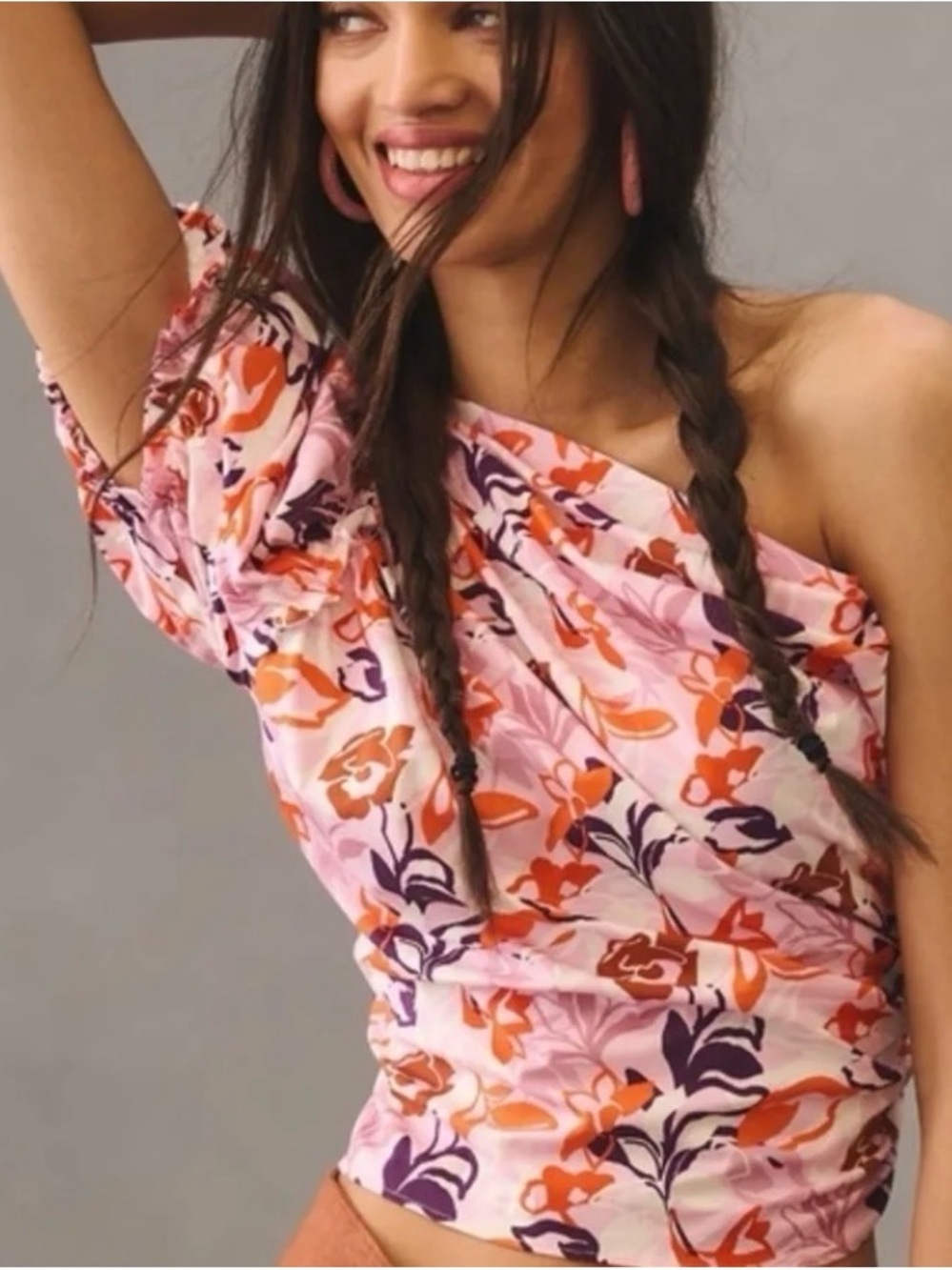 Anthropologie One-Shoulder Floral Blouse in Pink and Orange